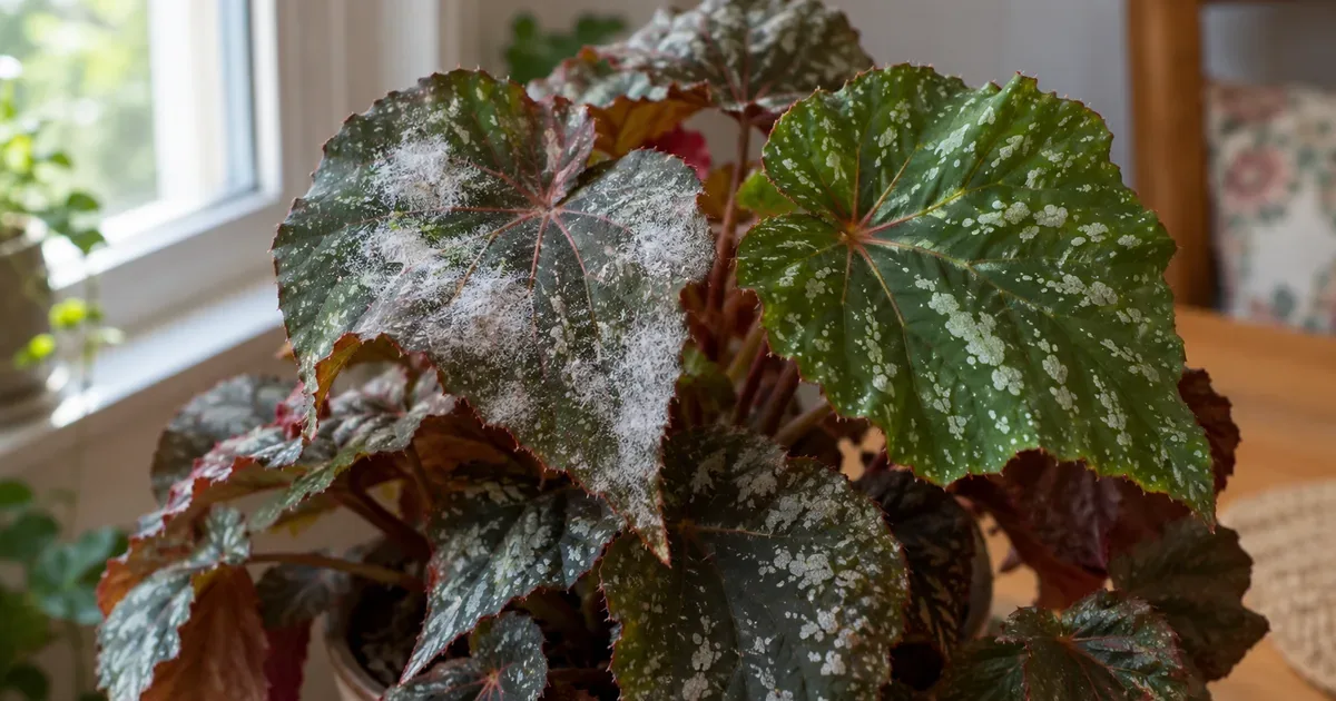 A begonia by a window with a fuzzy white powdery patch on one leaf, next to leaves with natural silver spots and crowded overlapping leaves beneath