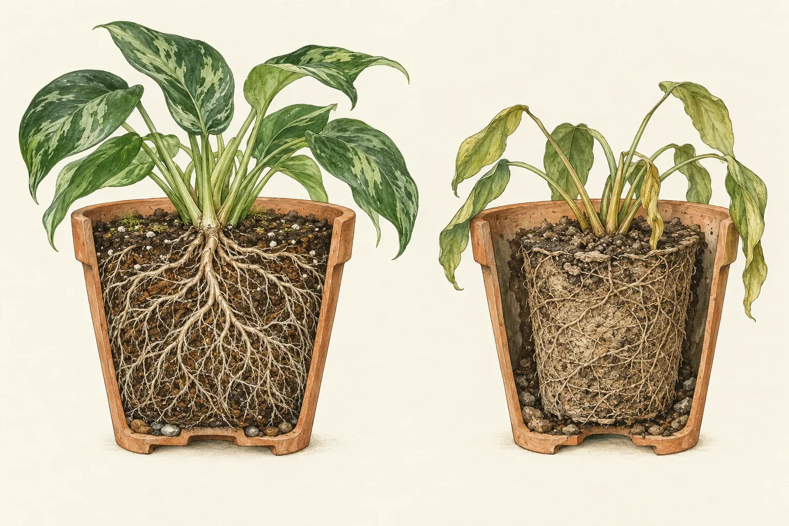 A botanical cutaway of two plant pots, one with wet dense root medium throughout and one with a dry shrunken root ball separated from the pot wall by a visible gap