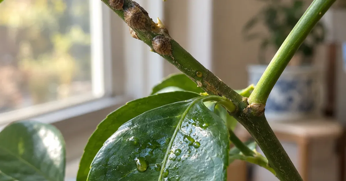 A citrus twig beside a window with several raised brown shell shaped bumps on the upper stem, a clean adjacent stem segment and a glossy leaf directly below with visible sticky droplets