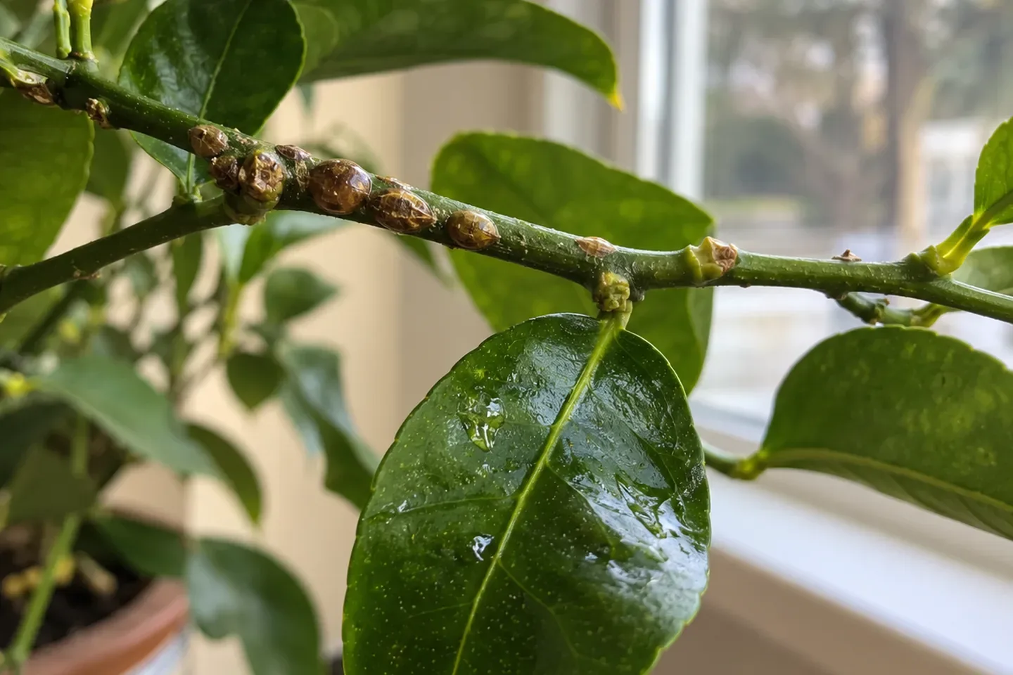 A citrus twig beside a window with several raised brown shell shaped bumps on the upper stem, a clean adjacent stem segment and a glossy leaf directly below with visible sticky droplets
