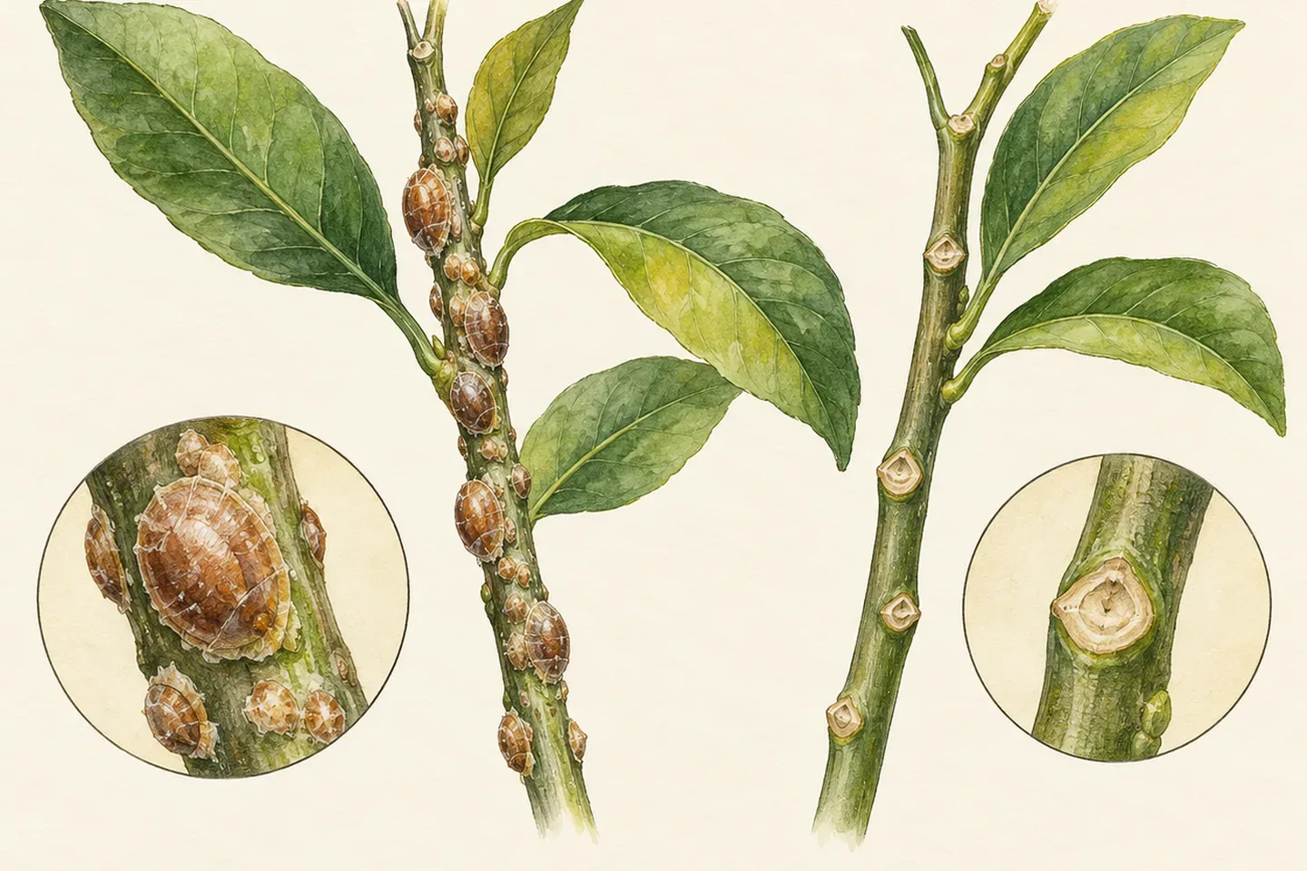 A magnified botanical comparison of brown scale coverings attached along a citrus stem and a nearby smooth stem with ordinary leaf scars