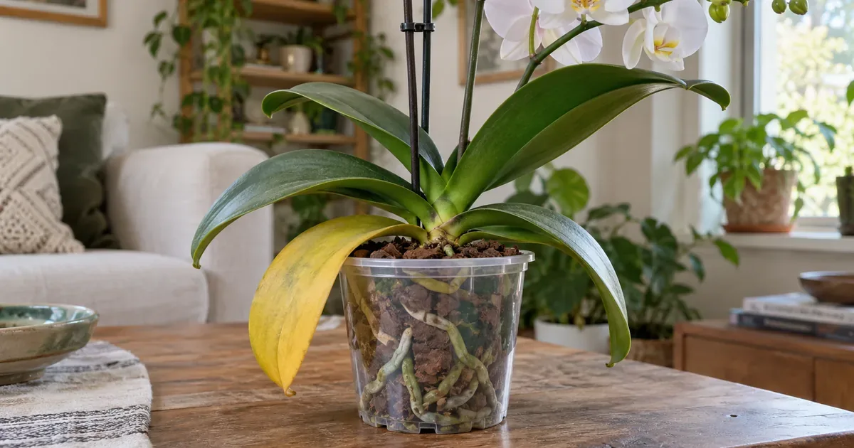 A moth orchid in a clear nursery pot with a single yellow lowest leaf still attached, a clearly visible firm green crown and roots visible through bark at the pot wall