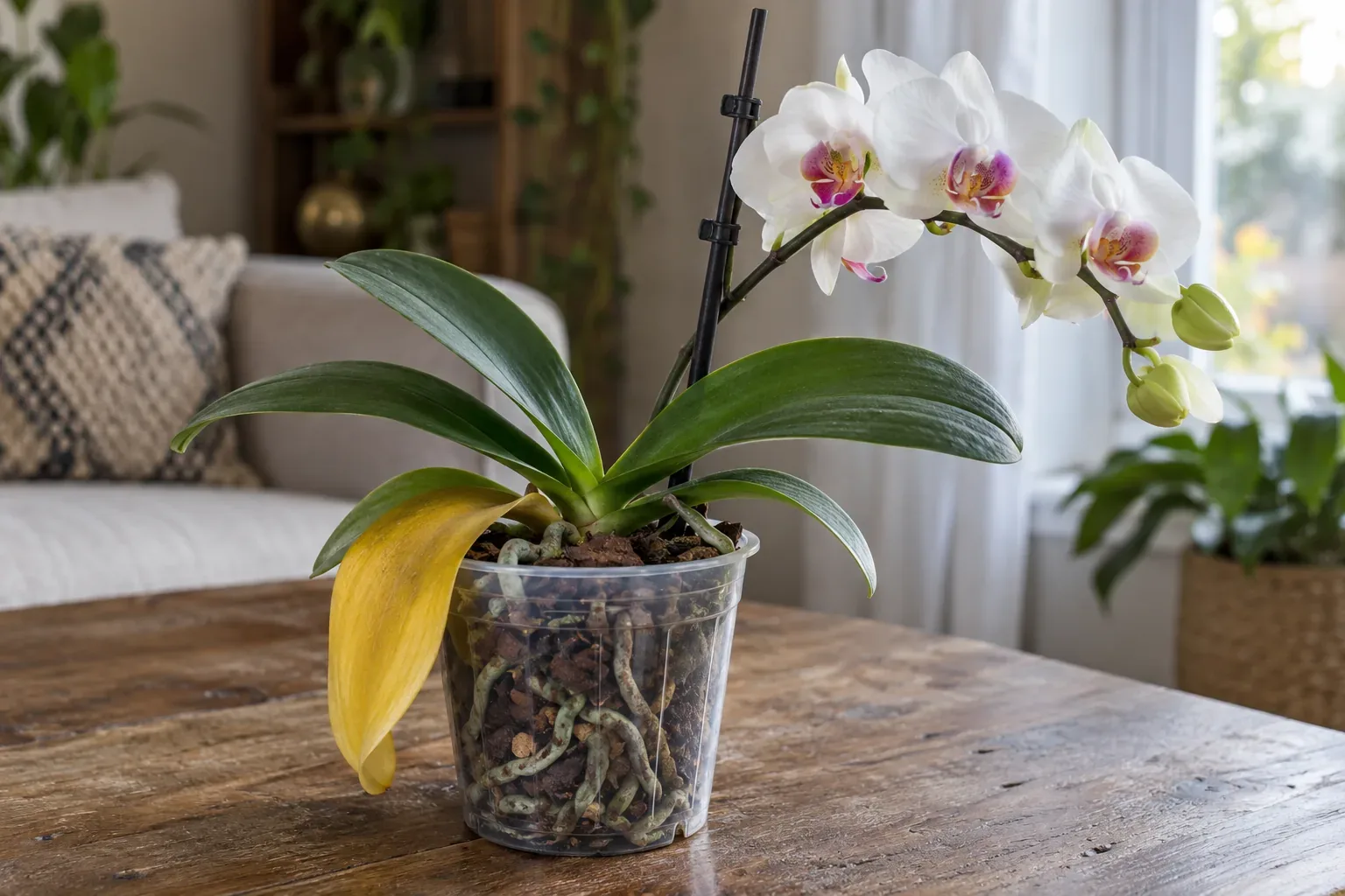 A moth orchid in a clear nursery pot with a single yellow lowest leaf still attached, a clearly visible firm green crown and roots visible through bark at the pot wall