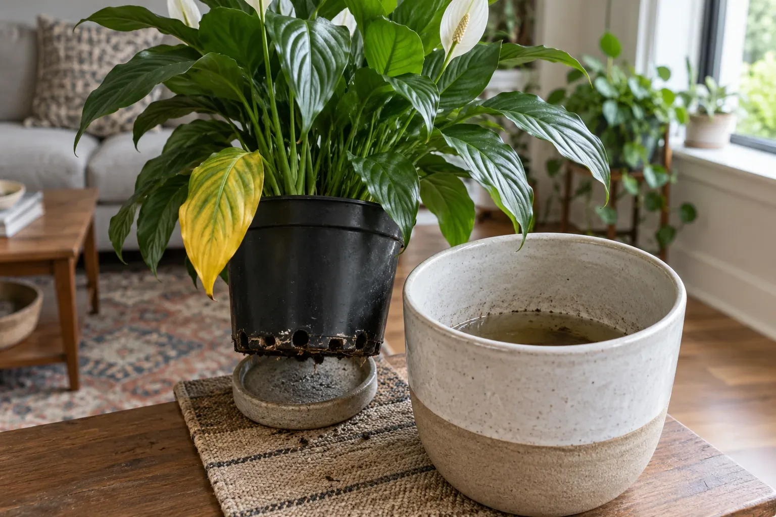 A peace lily in a black nursery pot on a saucer beside a ceramic cover pot holding standing water, with drainage holes and one yellow lower leaf visible