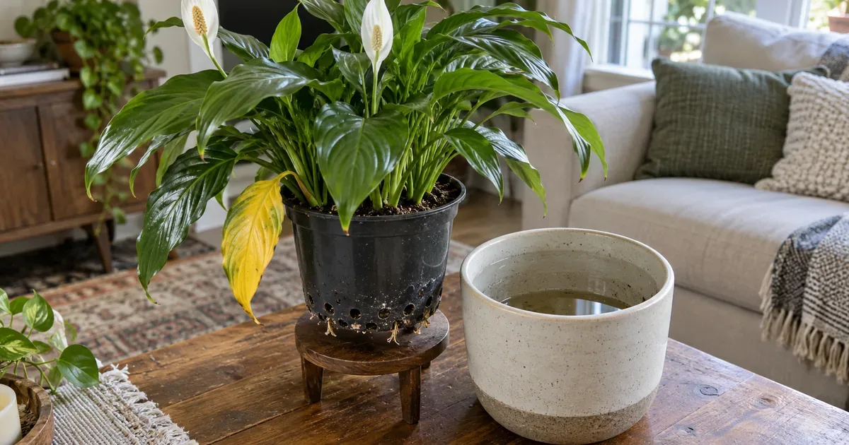 A peace lily in a black nursery pot on a small stand beside a ceramic cover pot holding standing water, with drainage holes and one yellow lower leaf visible