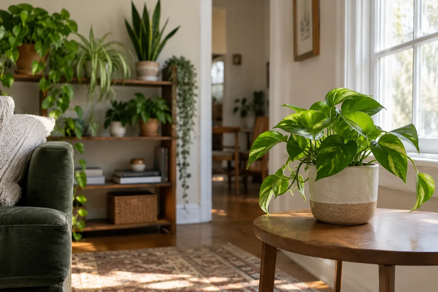 A small pothos isolated on its own side table by a window, away from a shelf of other houseplants