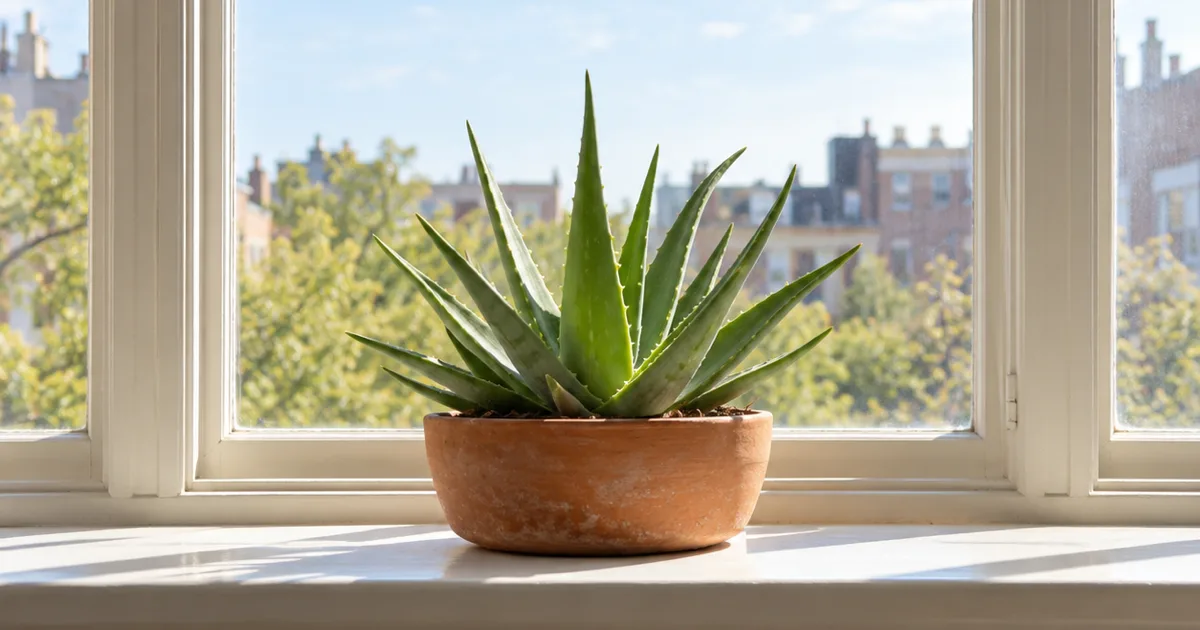Aloe vera in a low terracotta pot centered on a sunny windowsill