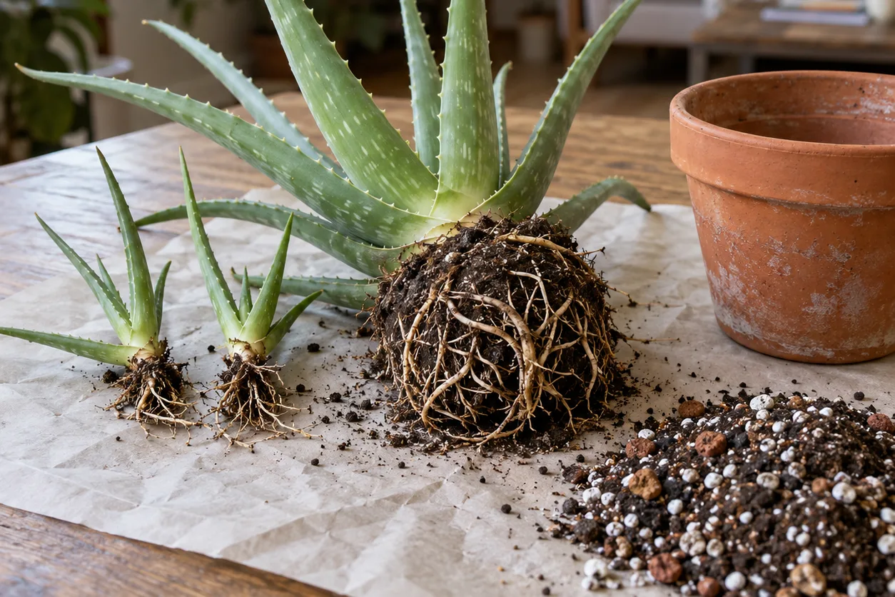 Aloe vera lifted from its pot on paper with its root ball, two rooted pups and gritty mix
