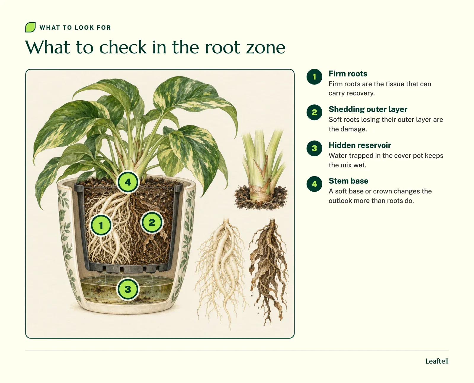 Annotated photo: What to check in the root zone. Shows Firm roots, Shedding outer layer, Hidden reservoir, Stem base.