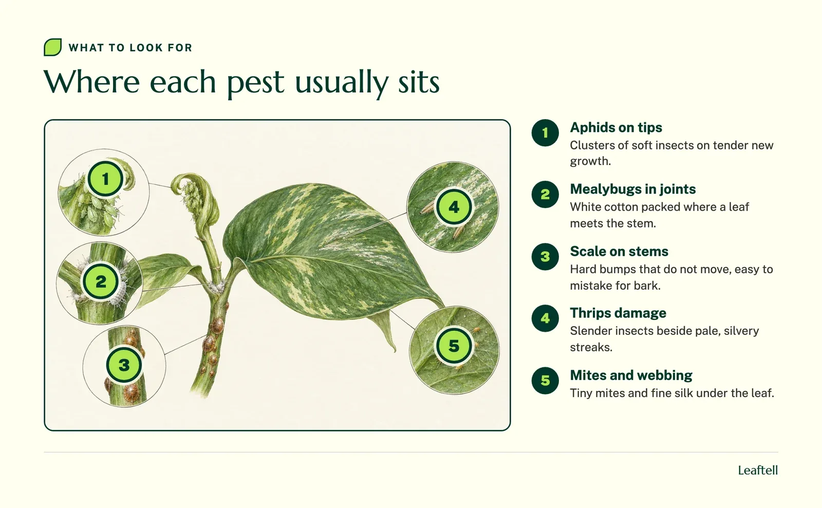 Annotated photo: Where each pest usually sits. Shows Aphids on tips, Mealybugs in joints, Scale on stems, Thrips damage, Mites and webbing.