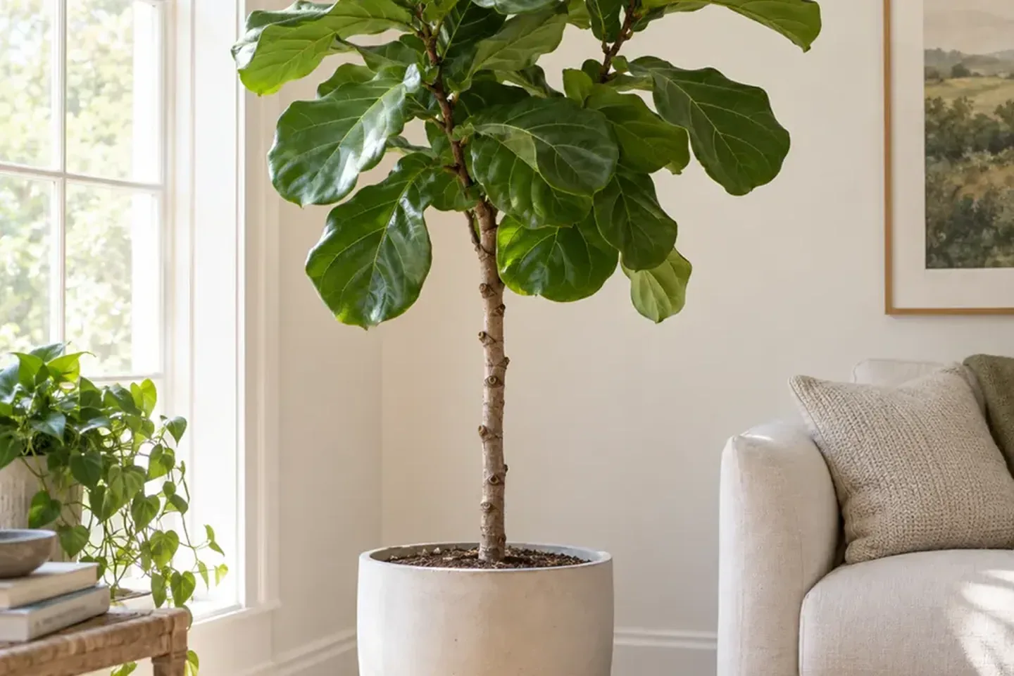 Bare lower nodes and remaining green canopy on an indoor fiddle leaf fig