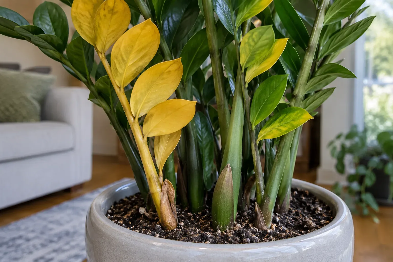 Base of a potted ZZ plant with one fully yellow stalk, a stalk with mixed yellow and green leaflets, and a new shoot in the soil
