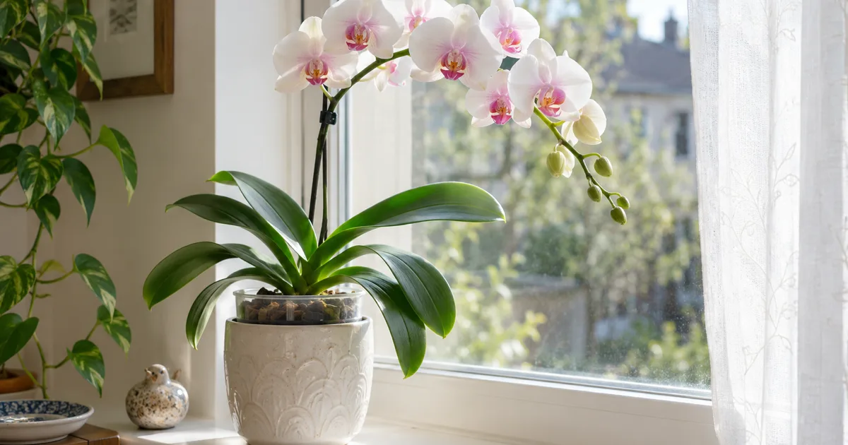 Blooming moth orchid with white and pink flowers in a clear pot inside a white ceramic cachepot on a sunny windowsill