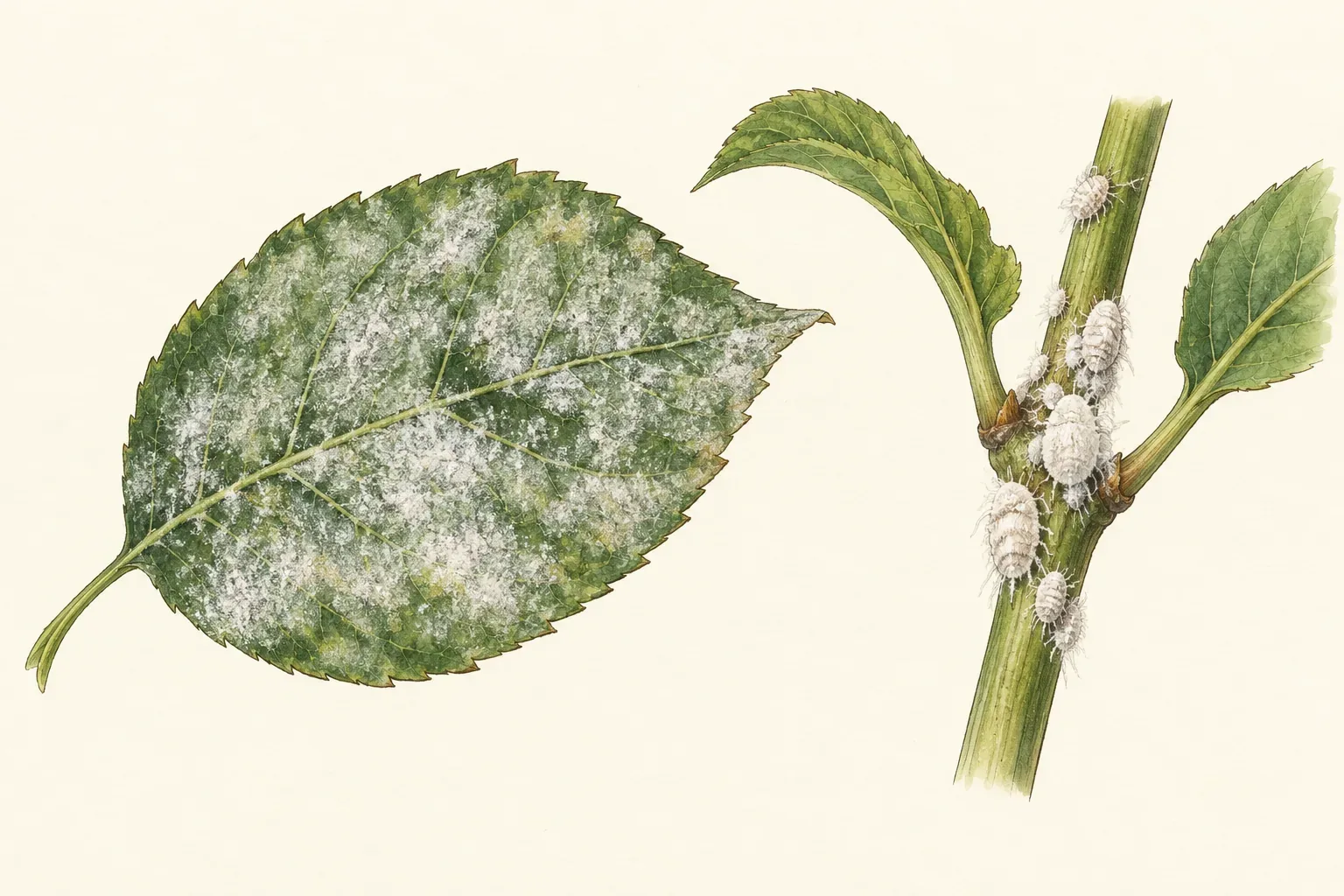 Botanical comparison of a leaf with diffuse white powdery surface growth and a separate stem joint bearing distinct cottony mealybug bodies