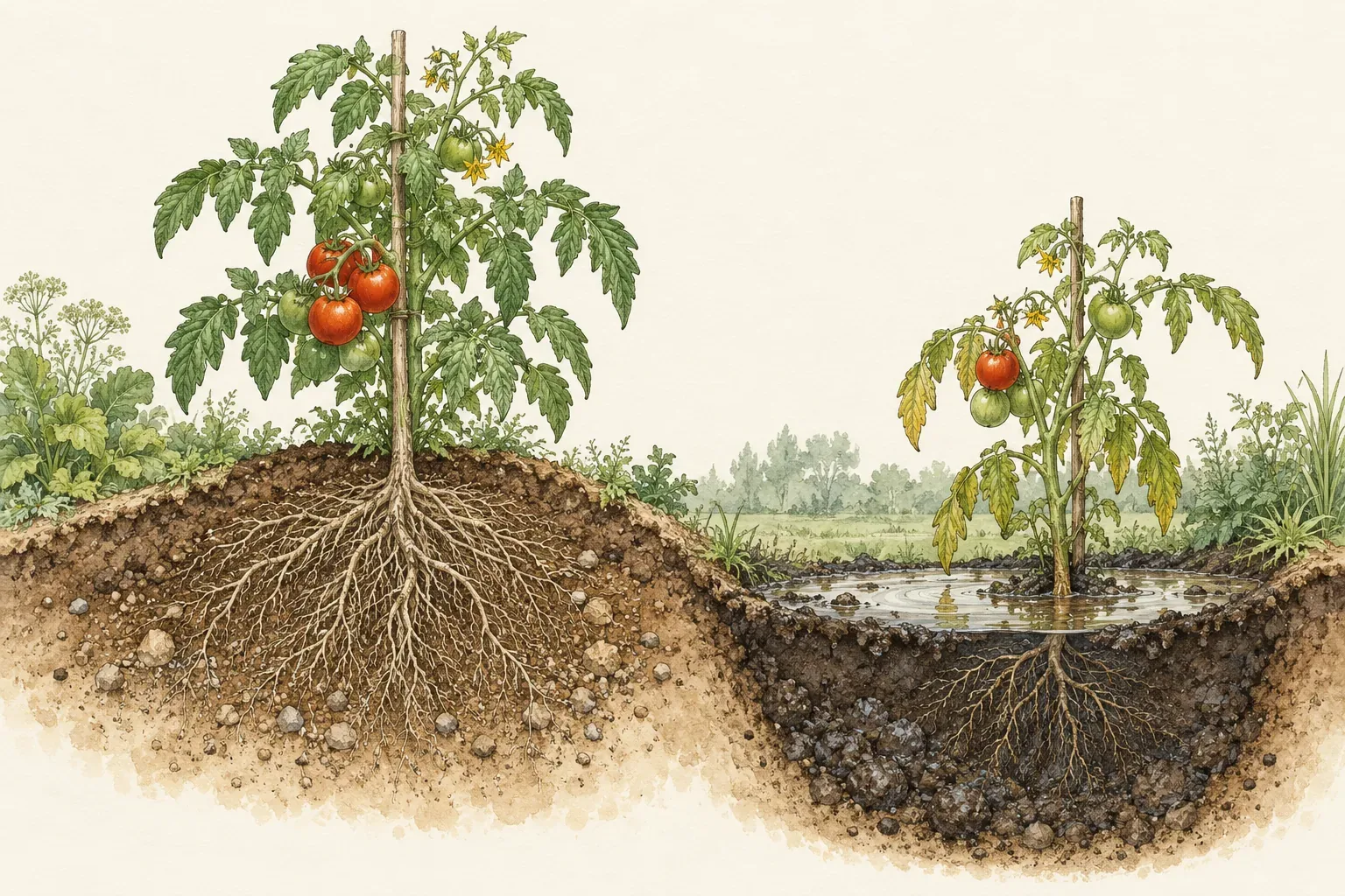 Botanical cross-section of a garden bed with one tomato in drained soil and one in a low waterlogged dip with a surface puddle