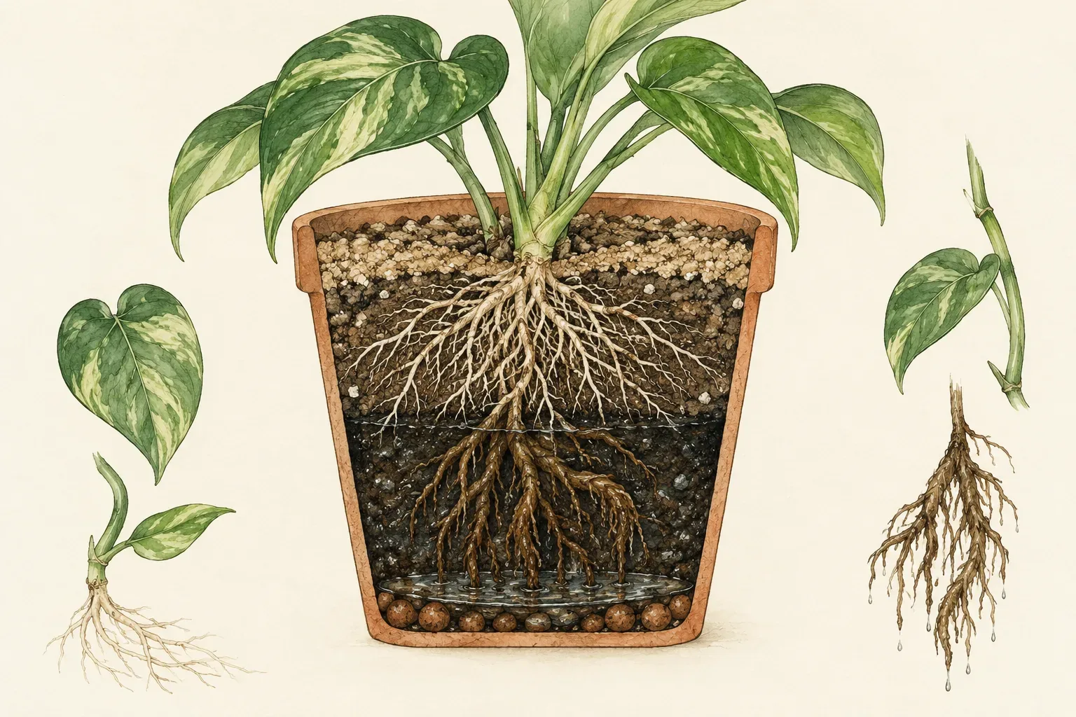 Botanical cross-section of a pot with a dry top layer, saturated lower soil, white upper roots and brown roots at the bottom