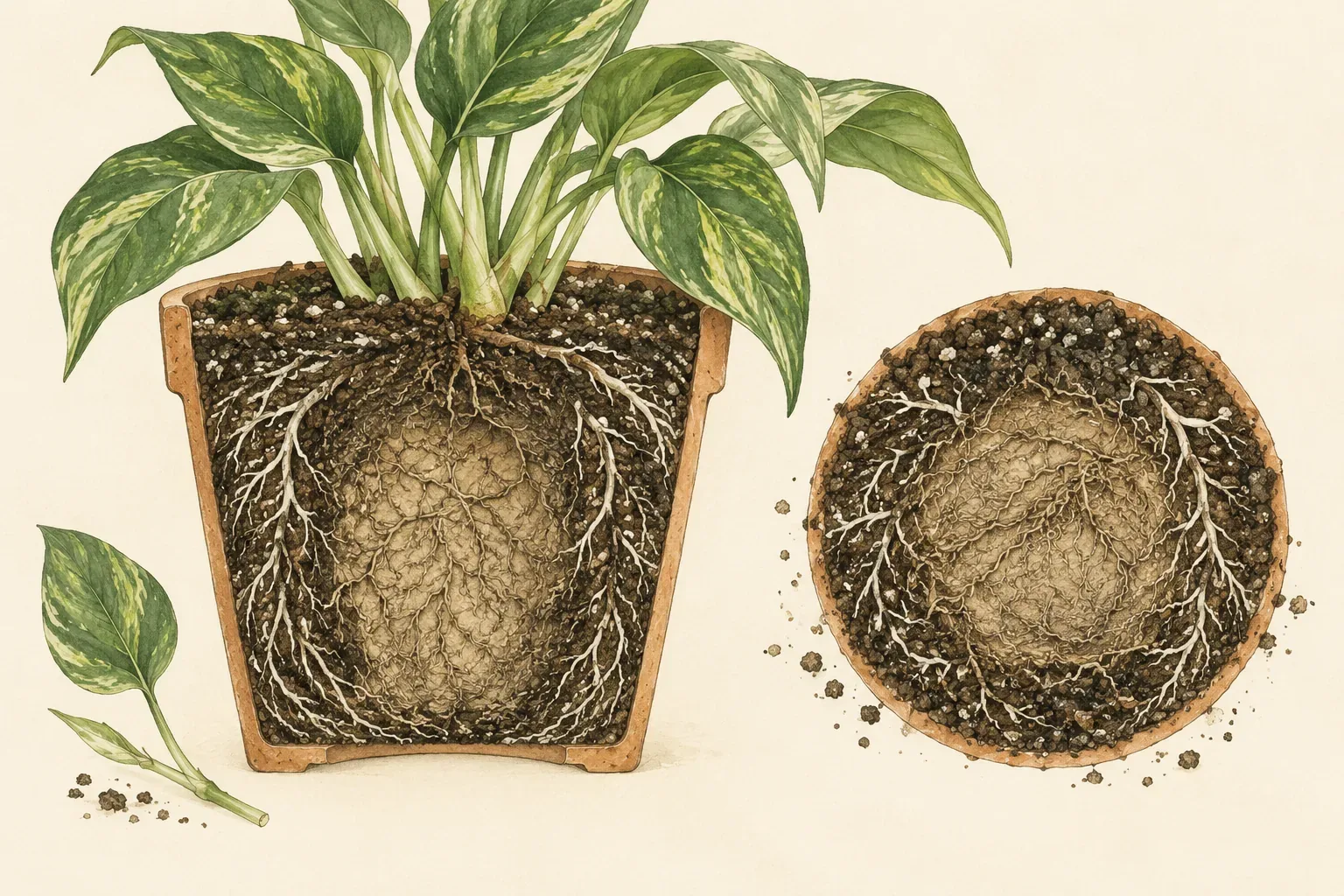 Botanical cross-section of a root ball with a dry shriveled core and damp healthy edges