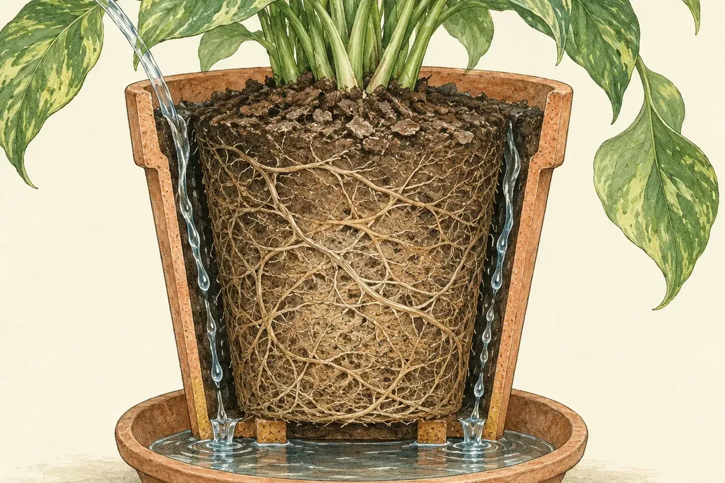 Botanical cross-section of a shrunken dry root ball with water running down the gap along the pot wall into the saucer
