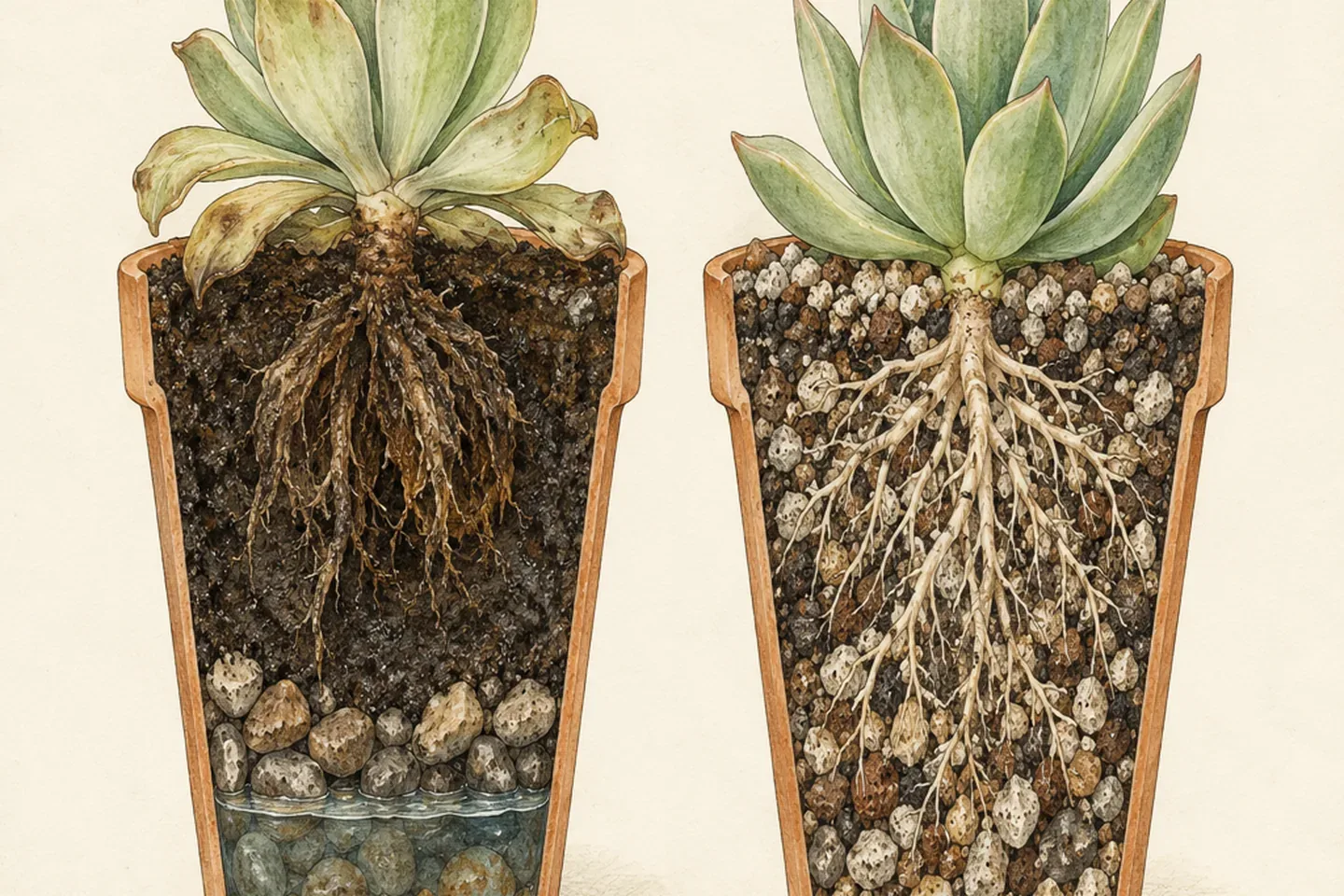 Botanical cutaway comparing dense wet soil over stones with rotting roots against a gritty free draining mix with healthy roots