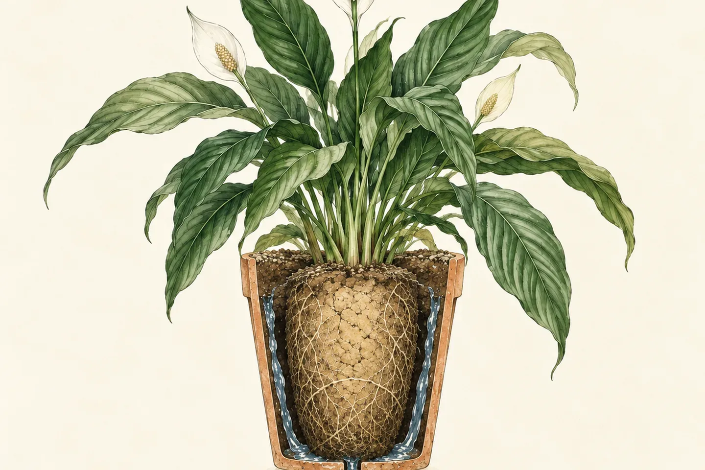 Botanical cutaway of a dry peace lily root ball shrunk from the pot wall with water running down the gap and out the drainage hole