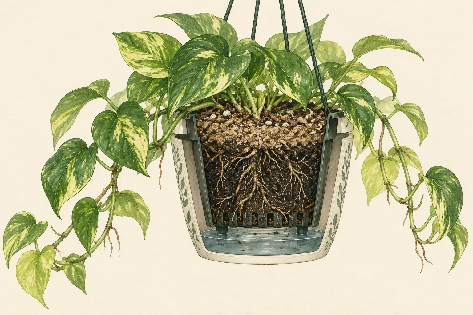 Botanical cutaway of a hanging pothos basket with a dry top layer, a soggy dark center and water pooled in the liner