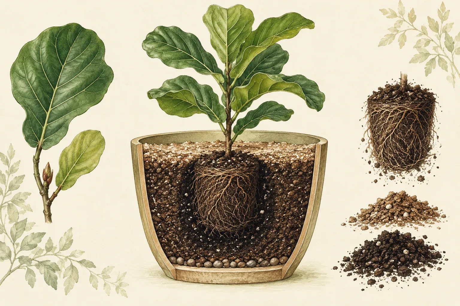 Botanical cutaway of a large planter with a small root ball, a pale dry top layer and a dark saturated center