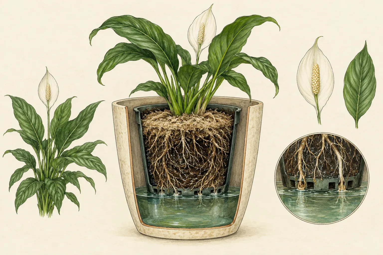 Botanical cutaway of a peace lily nursery pot inside a cover pot, roots reaching standing water pooled at the bottom, with a close up of the drainage holes