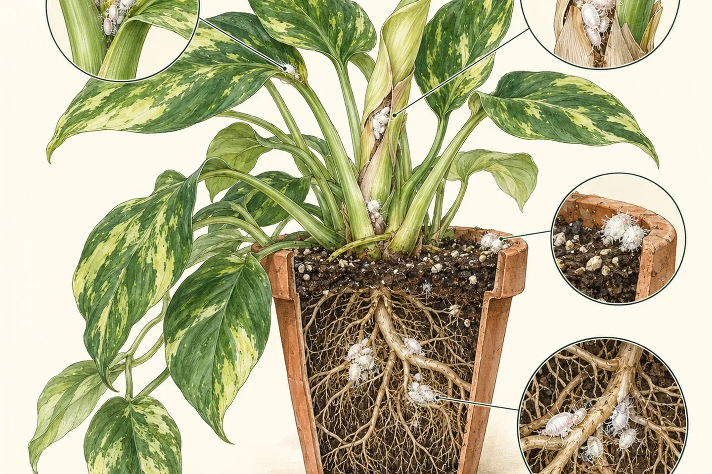 Botanical cutaway of a potted plant with mealybug clusters in leaf axils, under a sheath, at the pot rim and on roots