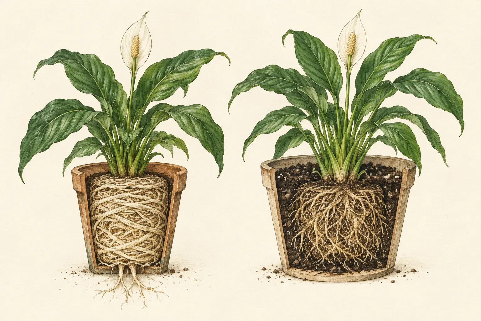 Botanical cutaway of a root bound peace lily with circling roots beside the same plant set in a pot only slightly wider