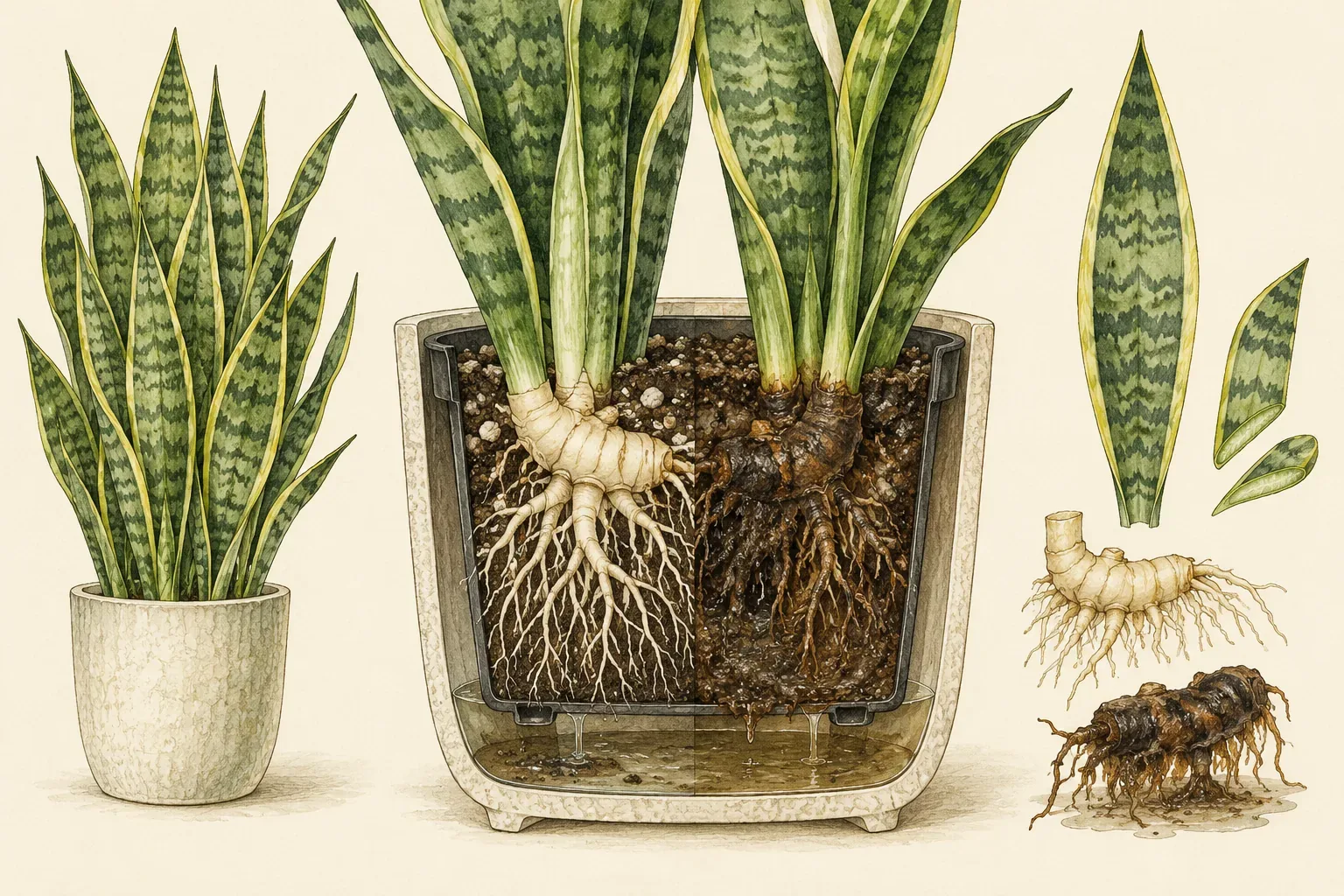 Botanical cutaway of a snake plant pot comparing a firm healthy rhizome with a dark rotting rhizome in waterlogged mix