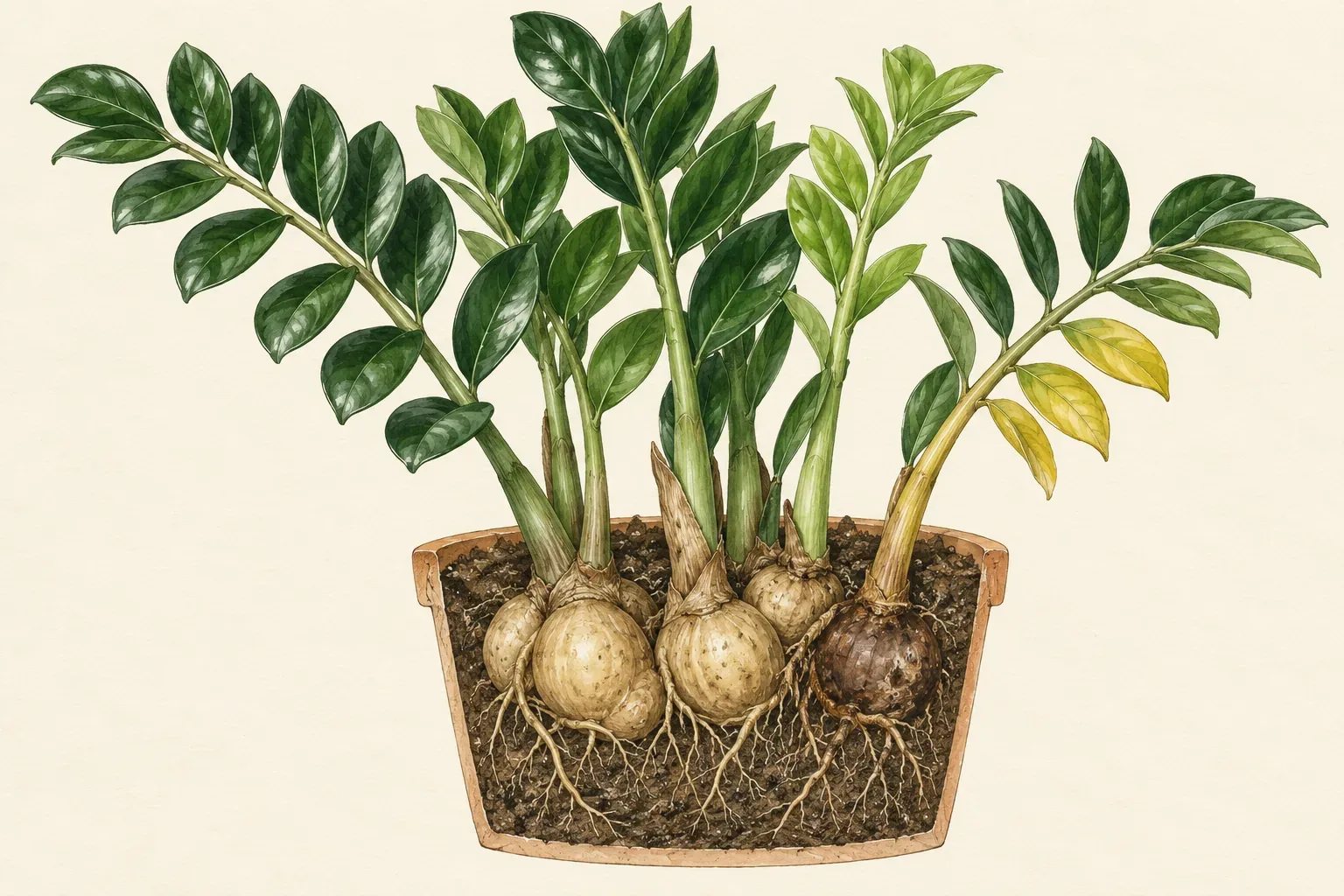 Botanical cutaway of a ZZ plant showing swollen rhizomes with leaf stalks rising from them, one dark soft rhizome under a yellow stalk