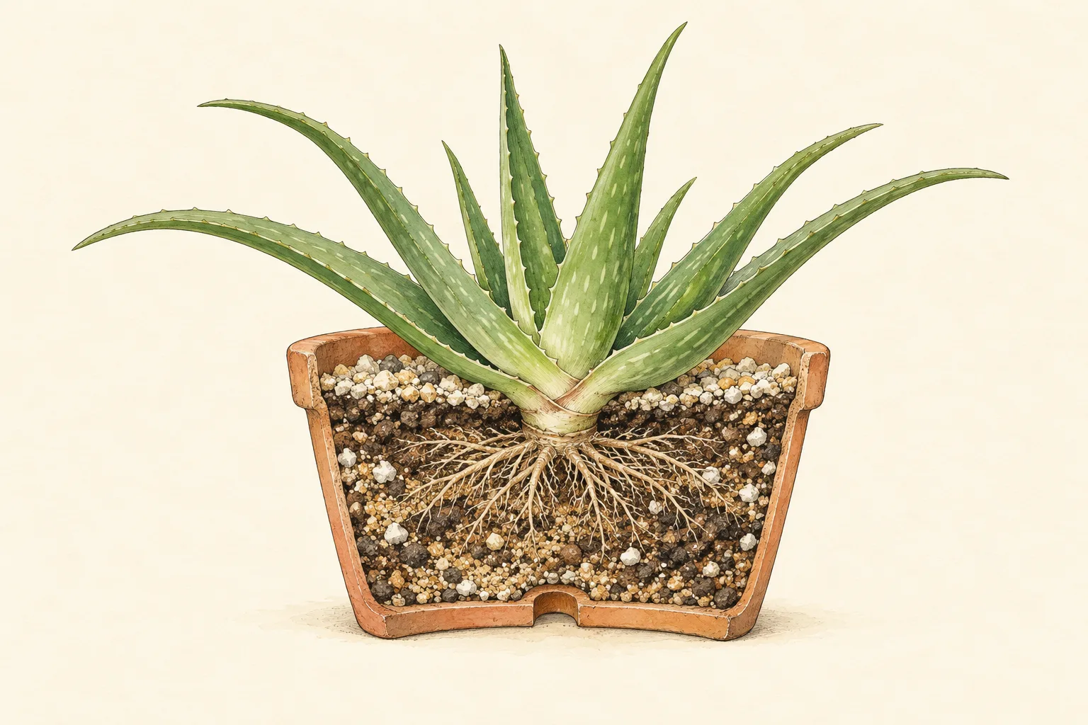 Botanical cutaway of an aloe in a clay pot with shallow roots in gritty mix above a drainage hole