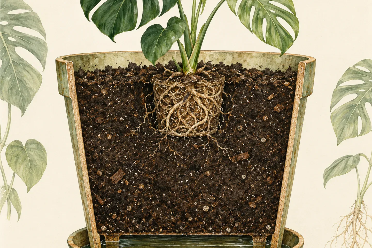 Botanical cutaway of an oversized pot with a small monstera root ball surrounded by a large volume of dark wet mix