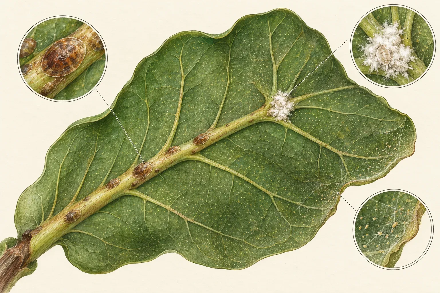 Botanical drawing of a fiddle leaf fig leaf underside with scale insects, a mealybug cluster and fine stippling with webbing
