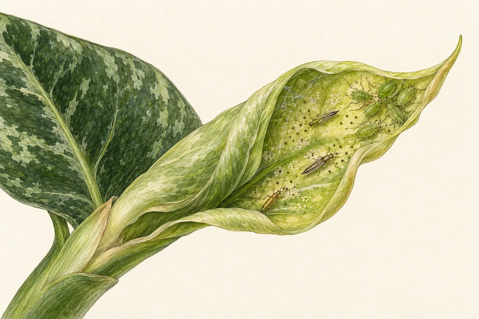 Botanical drawing of a folded young leaf with aphids on the tip, slender thrips with silvery scars, and fine mite webbing