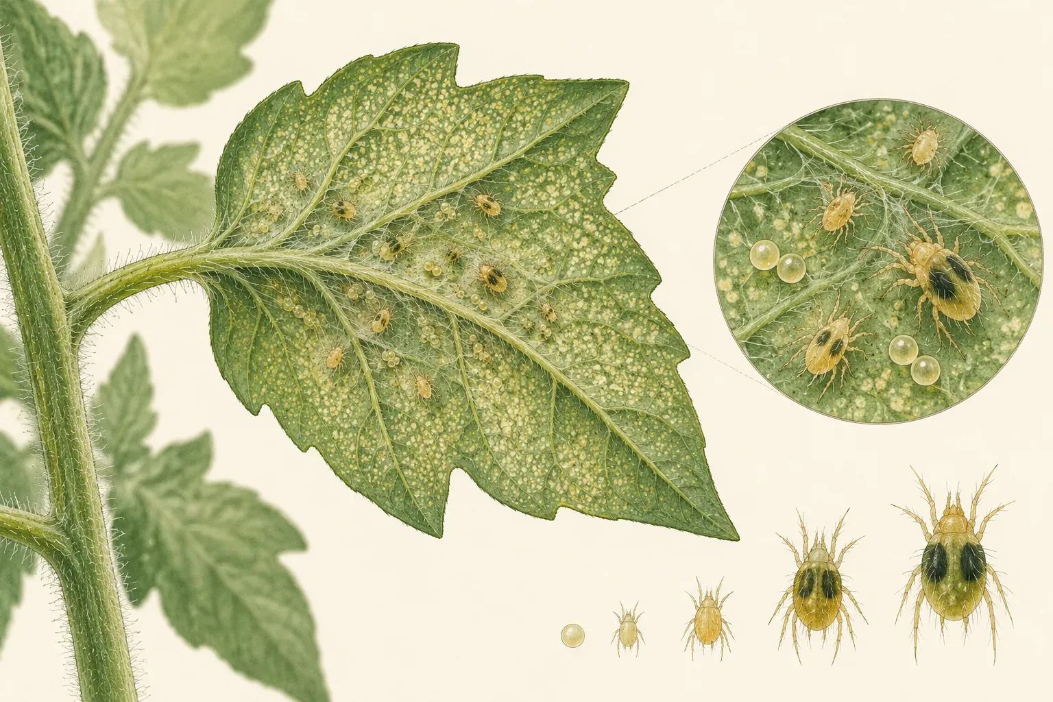Botanical drawing of a leaf underside with spider mite eggs, young mites, adults and fine silk threads