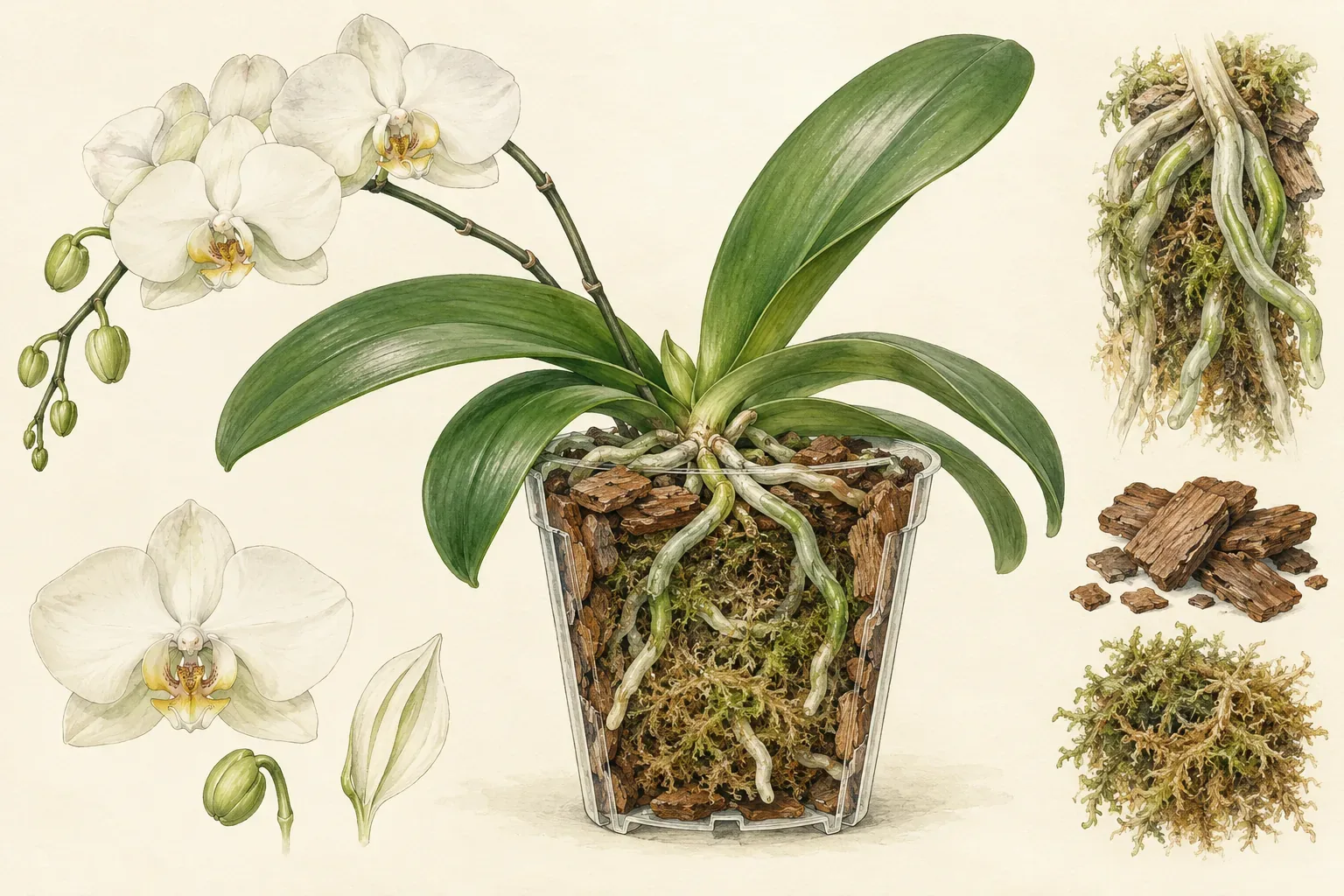 Botanical drawing of a moth orchid in a clear pot with bark near the surface and moss packed around the roots, beside studies of flowers, bark and moss