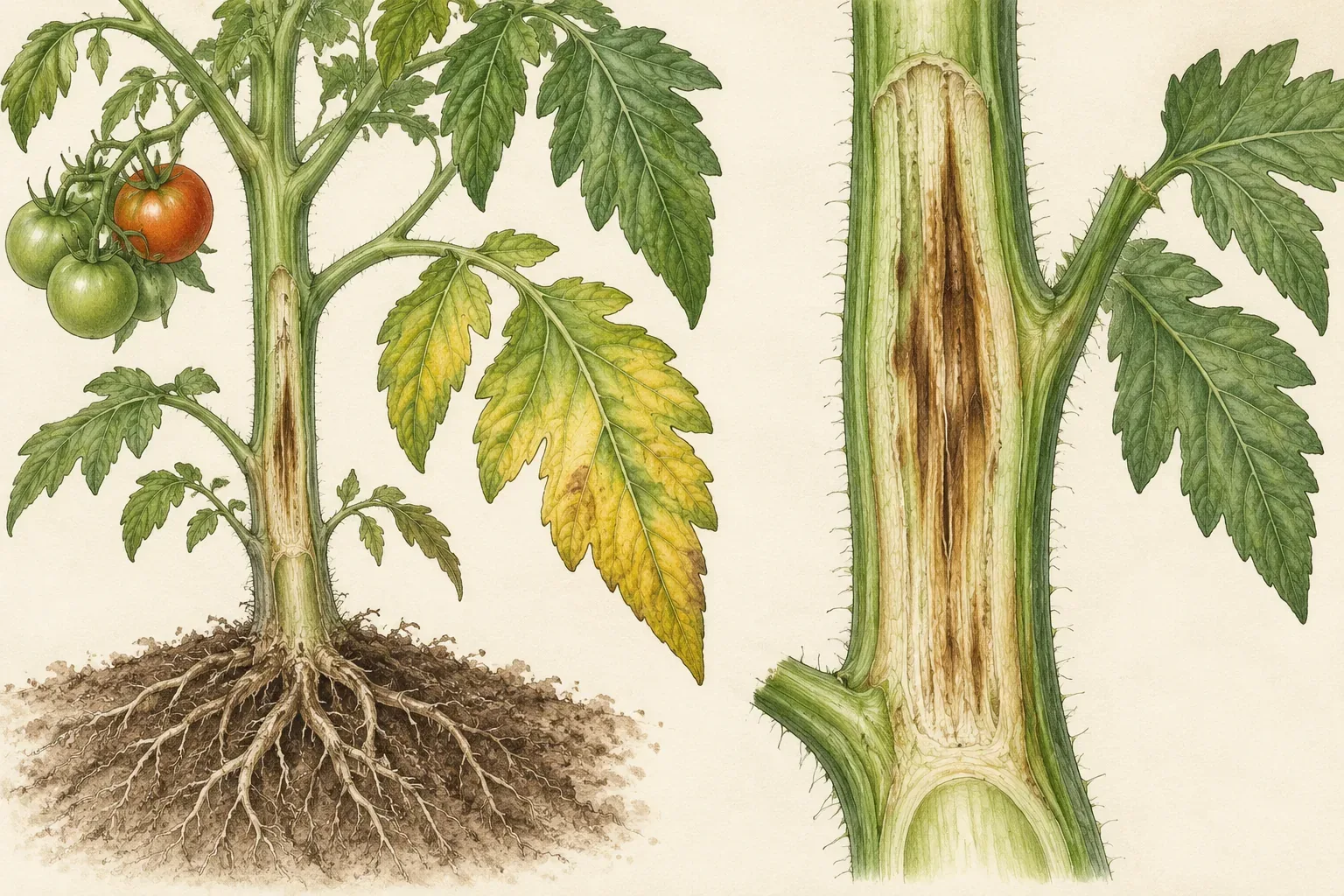 Botanical drawing of a tomato with a yellowing leaf on one side and a lengthwise stem cutaway showing brown streaks inside the conducting tissue