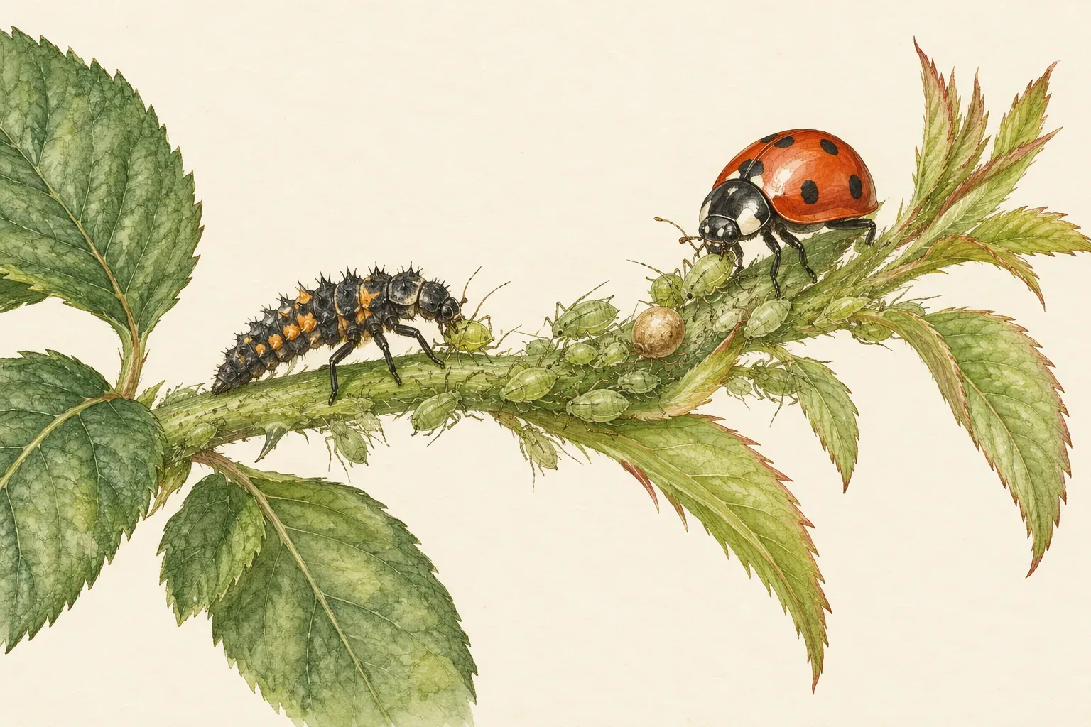 Botanical drawing of an aphid colony on a shoot with a ladybird larva, an adult ladybird and a bronze parasitized aphid