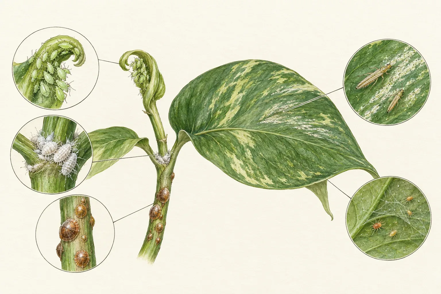 Botanical drawing of aphids on a shoot tip, mealybugs in a leaf joint, scale on a stem, thrips by silver streaks and spider mites with webbing