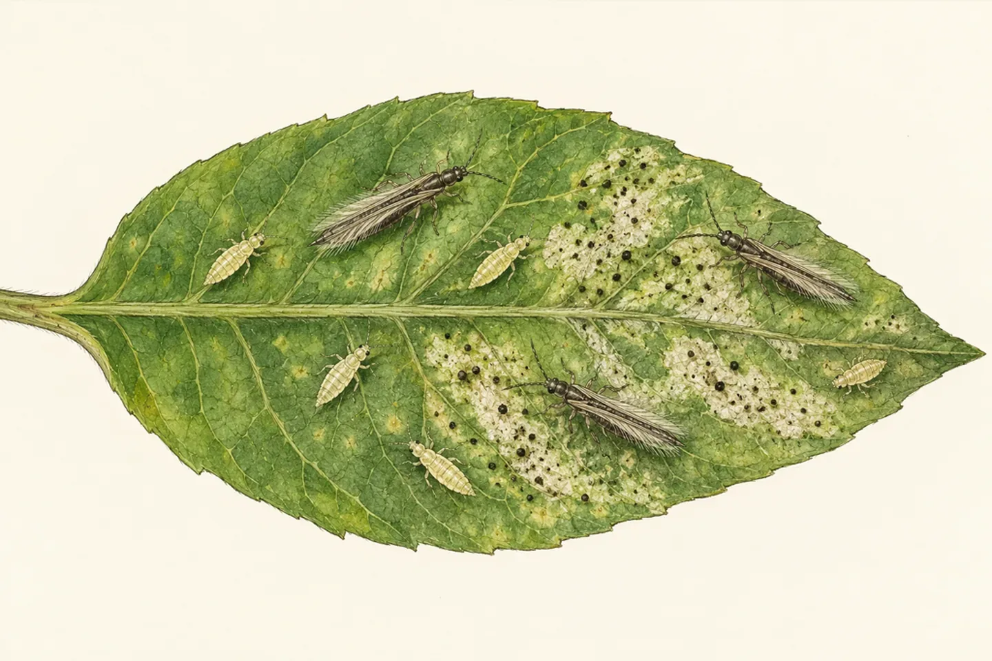 Botanical drawing of pale young thrips and darker slender adults beside silvery feeding scars with dark specks