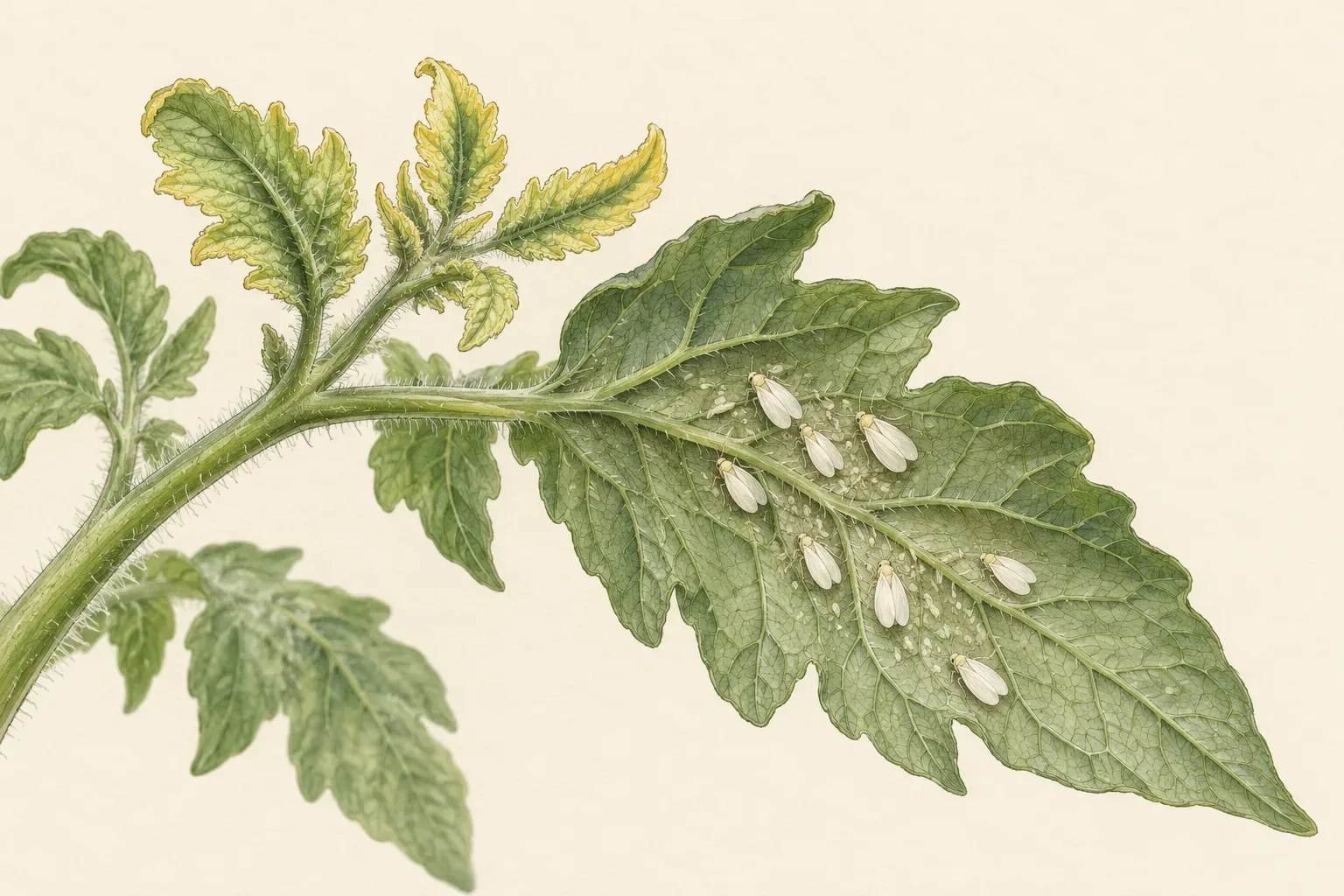 Botanical drawing of tiny white whiteflies under a young tomato leaf with small new leaflets cupped upward and yellow along the edges