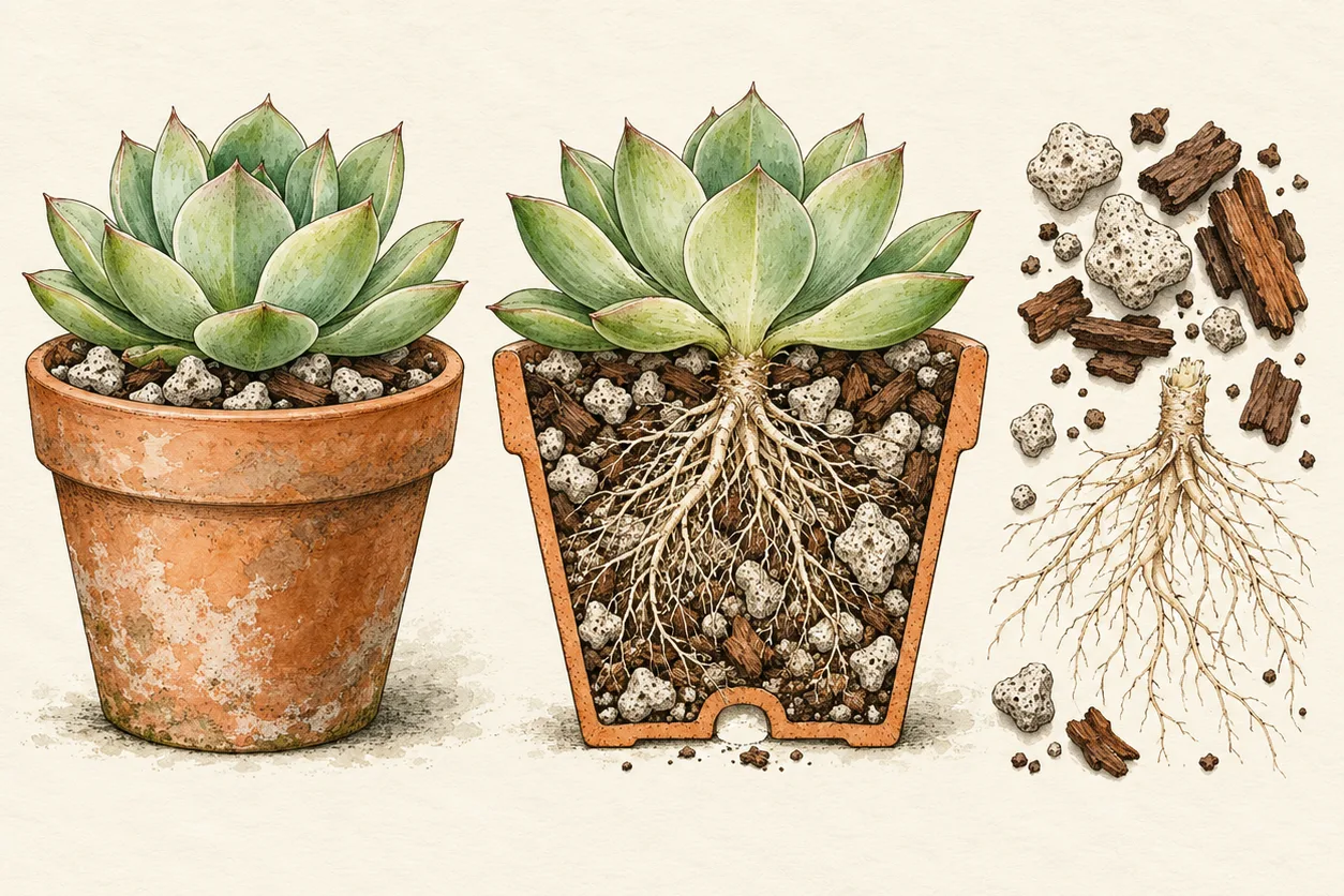 Botanical illustration of a terracotta pot, a cutaway showing roots in gritty mix above a drainage hole, and loose pumice and bark