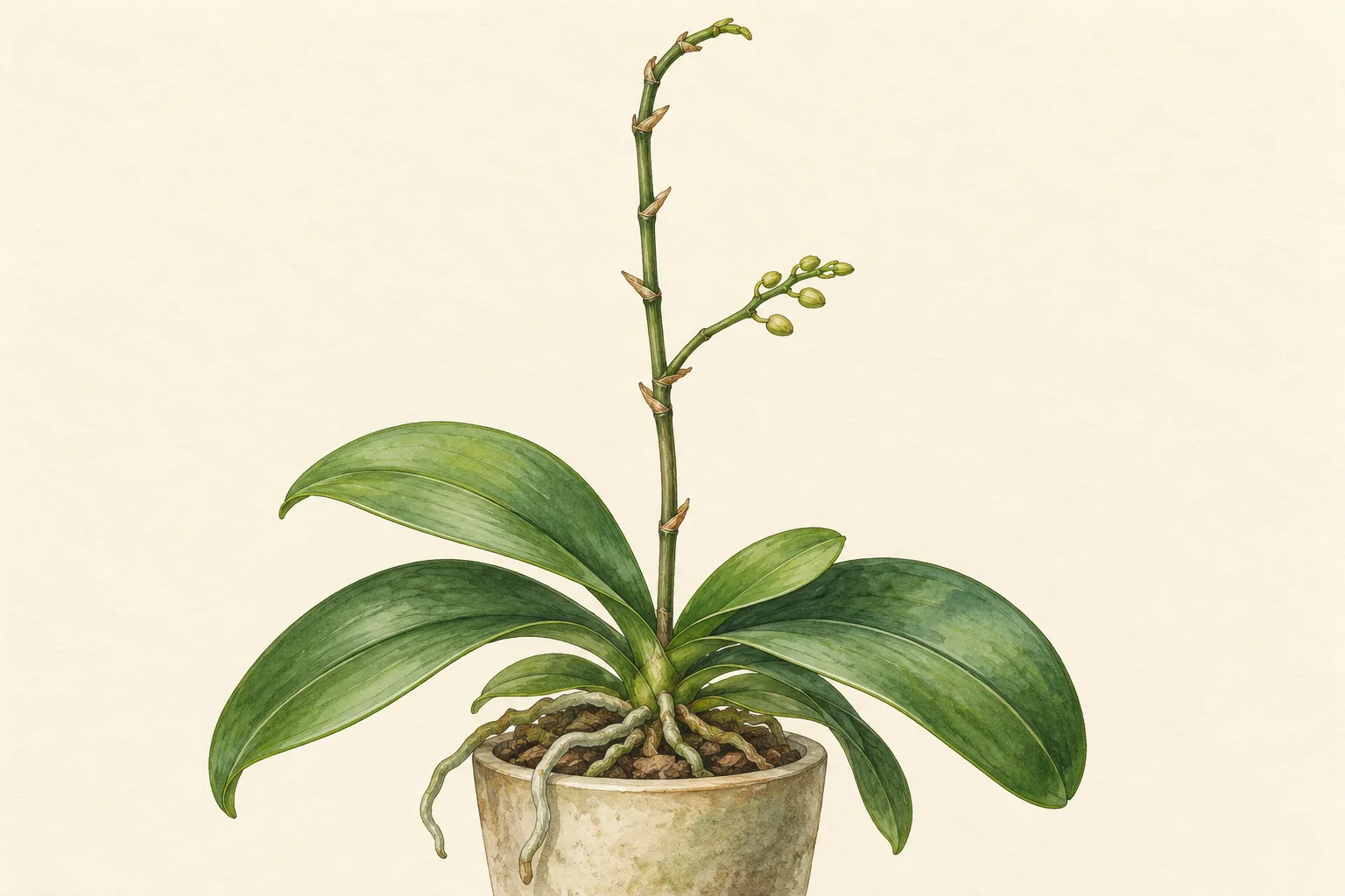 Botanical watercolor of a moth orchid with a tall green flower spike showing nodes and a new side branch with buds