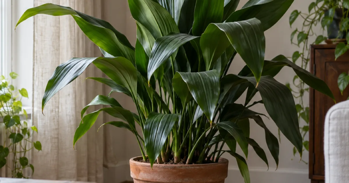 Broad dark green cast iron plant leaves beside a curtained window