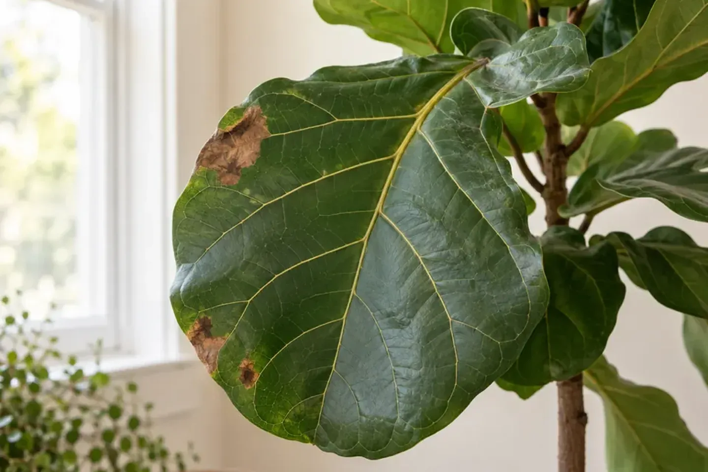 Brown patches on a fiddle leaf fig leaf beside a bright window