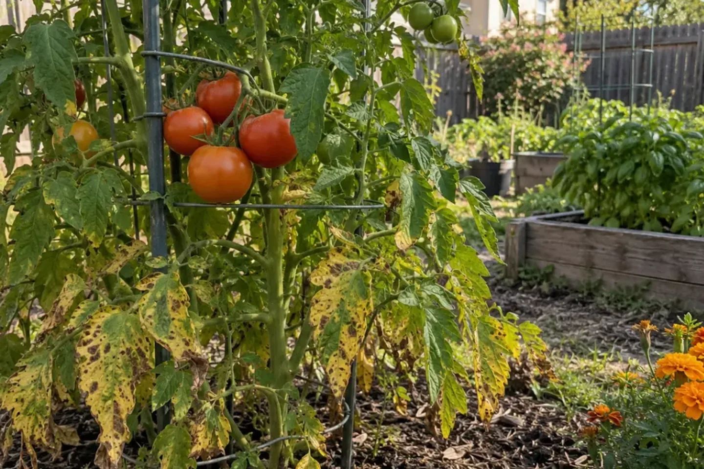 Caged garden tomato with ripening red fruit above lower leaves that are yellow with brown spots