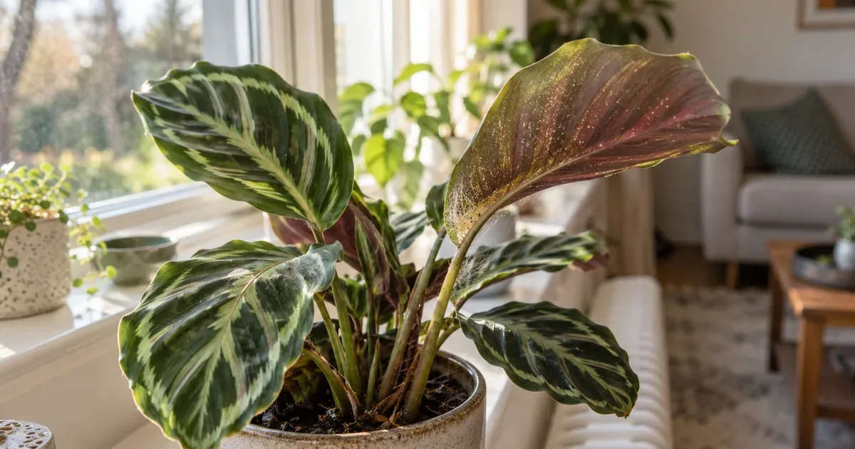 Calathea by a sunny window with one leaf turned up showing pale stippling and fine webbing near the stalk