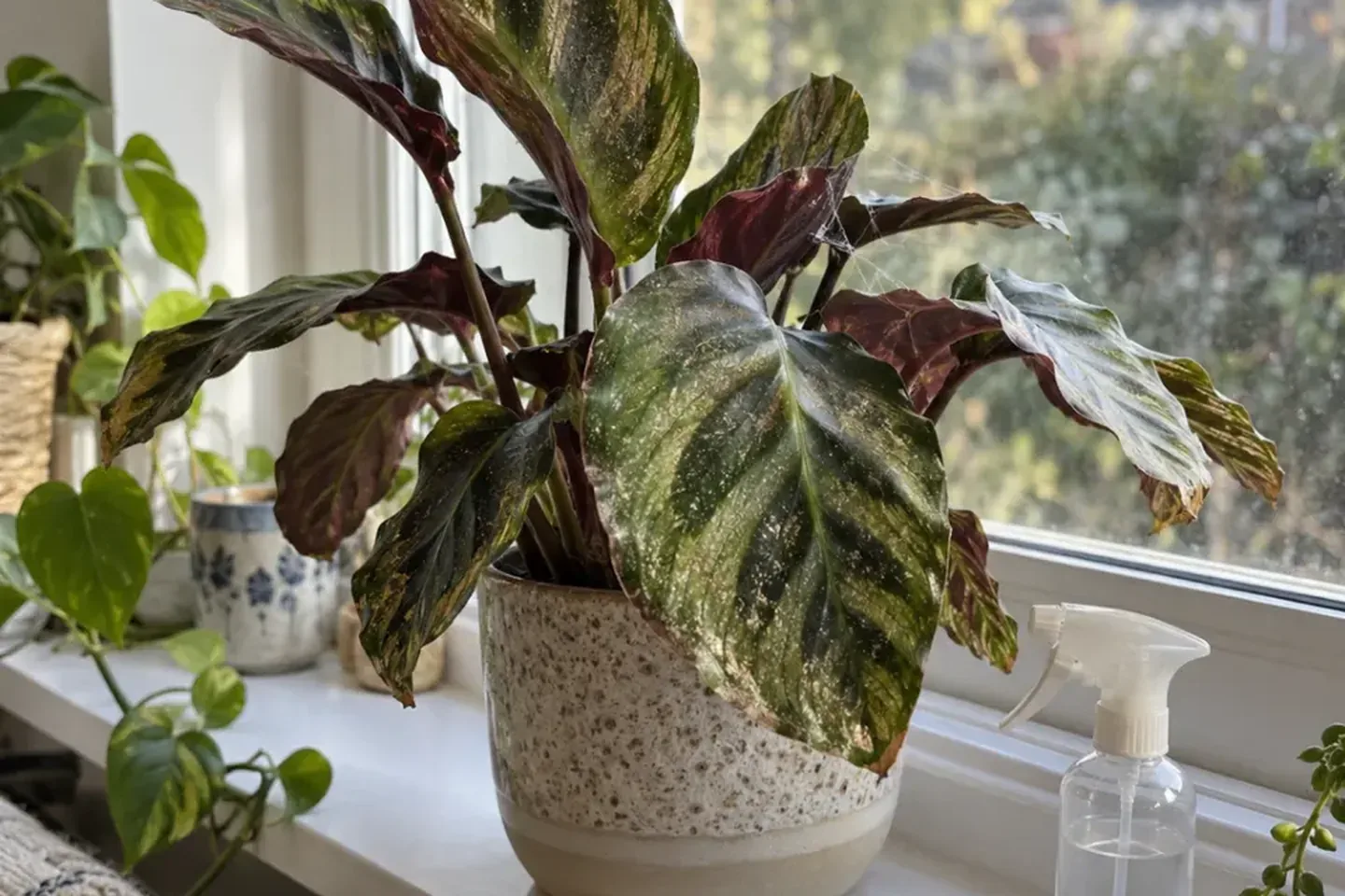 Calathea with mottled, curling leaves and faint webbing on a sunny windowsill beside a spray bottle