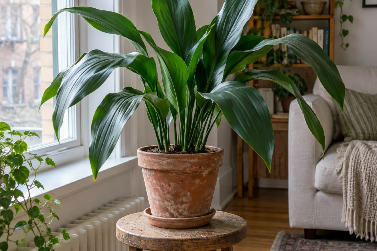 Cast iron plant in a terracotta pot on a wooden stool beside a window